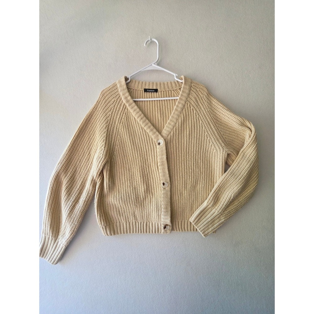 Fashion Womens Beige Chunky Knit Cardigan Sweater Button Front Cropped Large